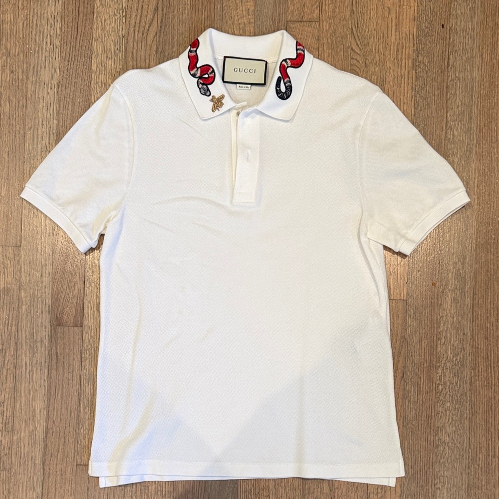 Gucci White Polo with Red & Black Snake Collar Embroidery